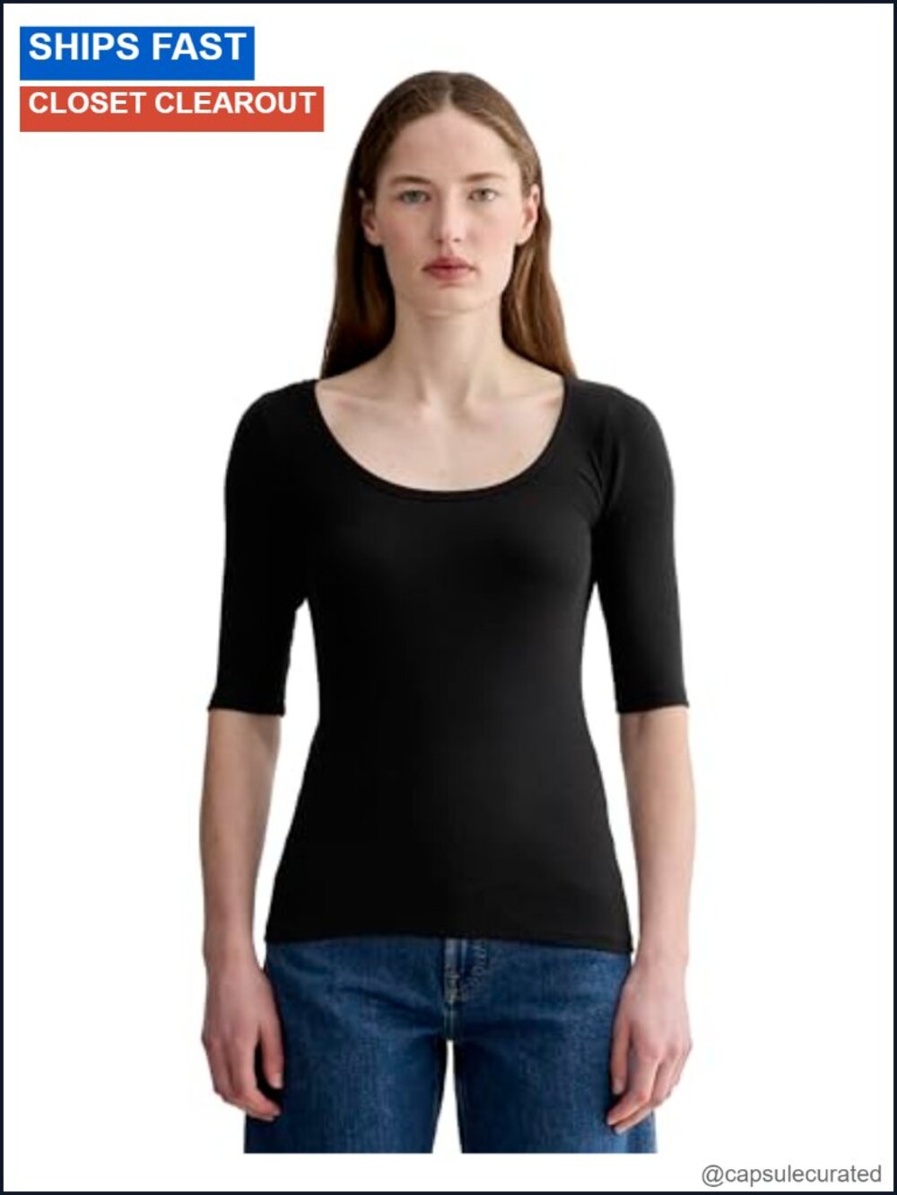 Ribbed Scoop Neck Elbow Sleeve Tee Supima Cotton Blend